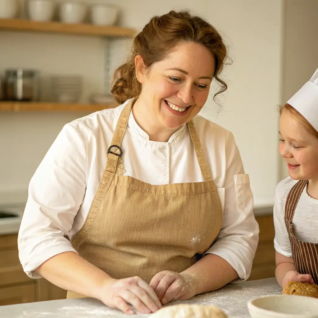 Smiling female chef making dough with a young girl in a home kitchen.