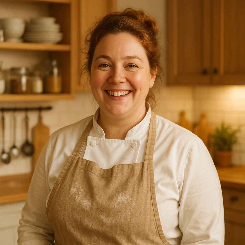 Smiling female chef in a white coat and beige apron standing in a cozy kitchen.