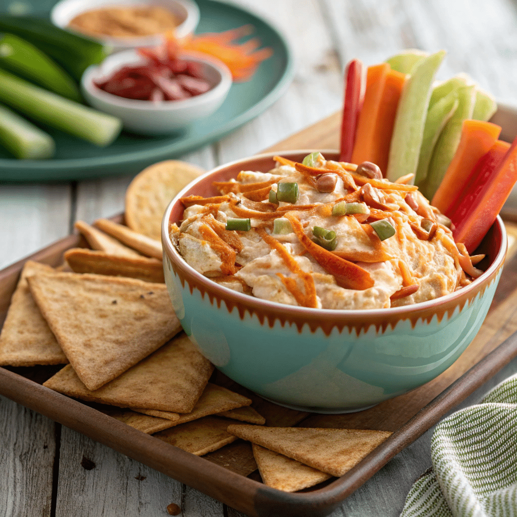 Buffalo chicken dip with cottage cheese served with veggies and crackers