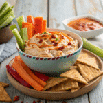 Buffalo chicken dip made with cottage cheese, served alongside fresh vegetables and whole-grain crackers