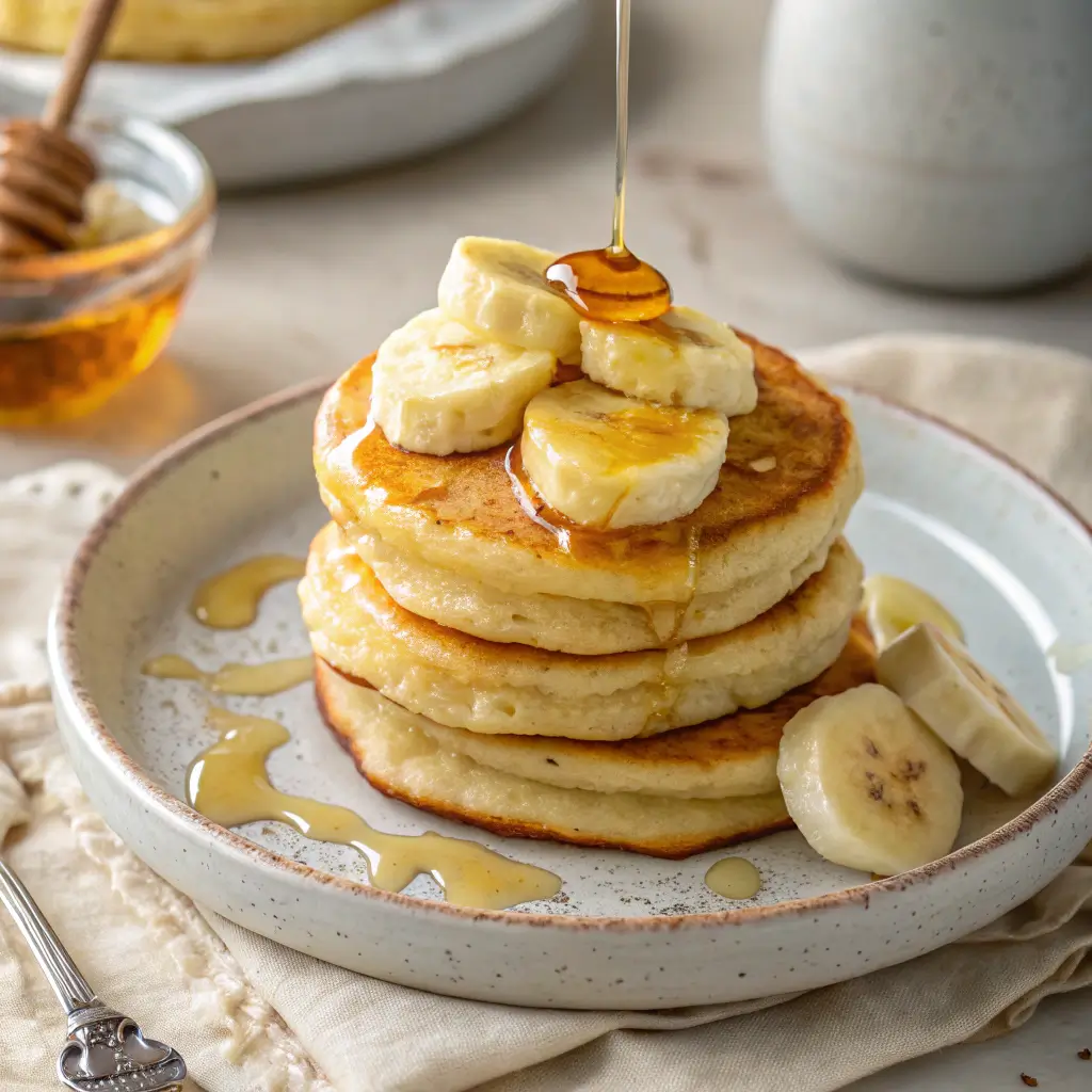 Stack of banana cottage cheese pancakes with banana and honey drizzle