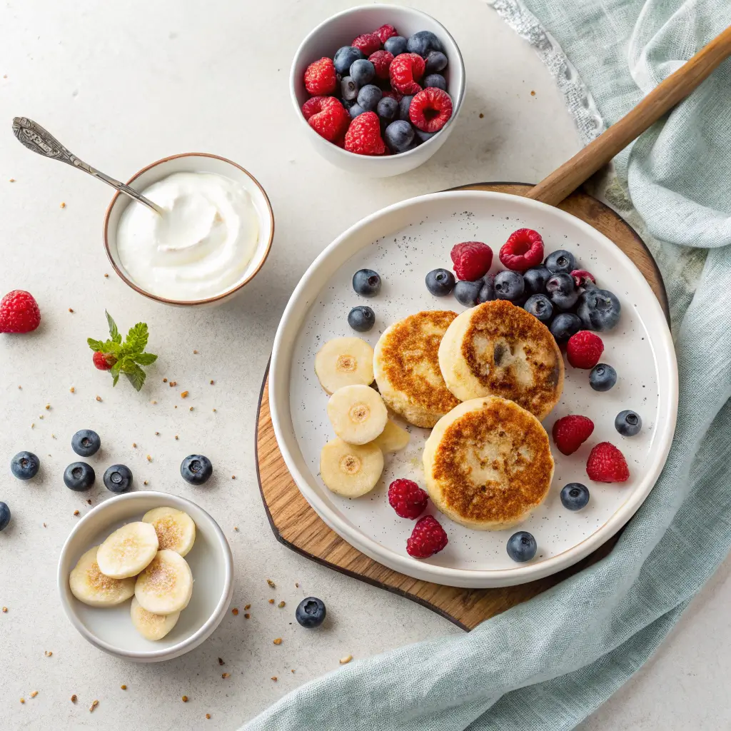 Banana cottage cheese pancakes with yogurt and berries
