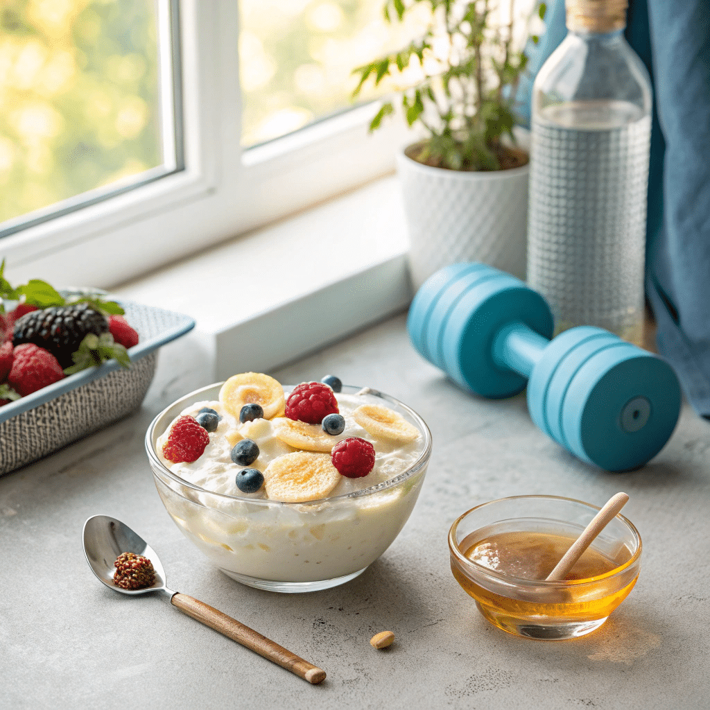 "A bowl of creamy cottage cheese topped with fresh berries and banana slices, accompanied by a small dish of honey and a dumbbell, highlighting a healthy snack option."