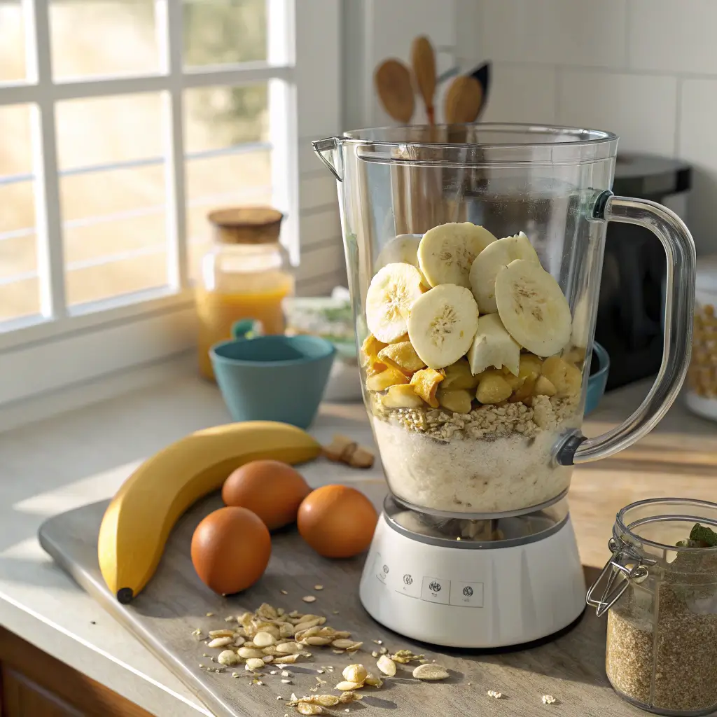 Blending ingredients for banana cottage cheese pancakes