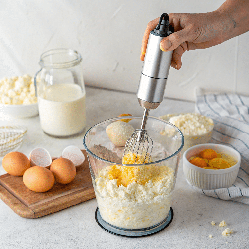 blending cottage cheese and eggs for cottage cheese bread recipe