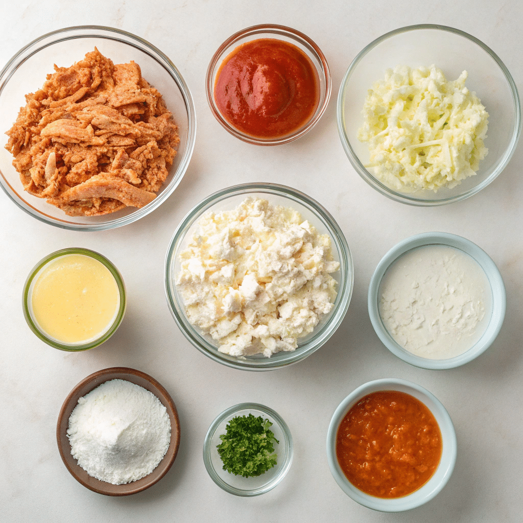 Ingredients for buffalo chicken dip with cottage cheese laid out neatly
