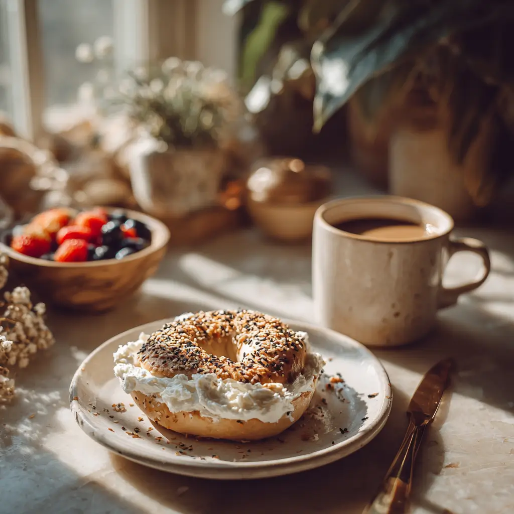 Cottage cheese bagel breakfast with cream cheese and coffee