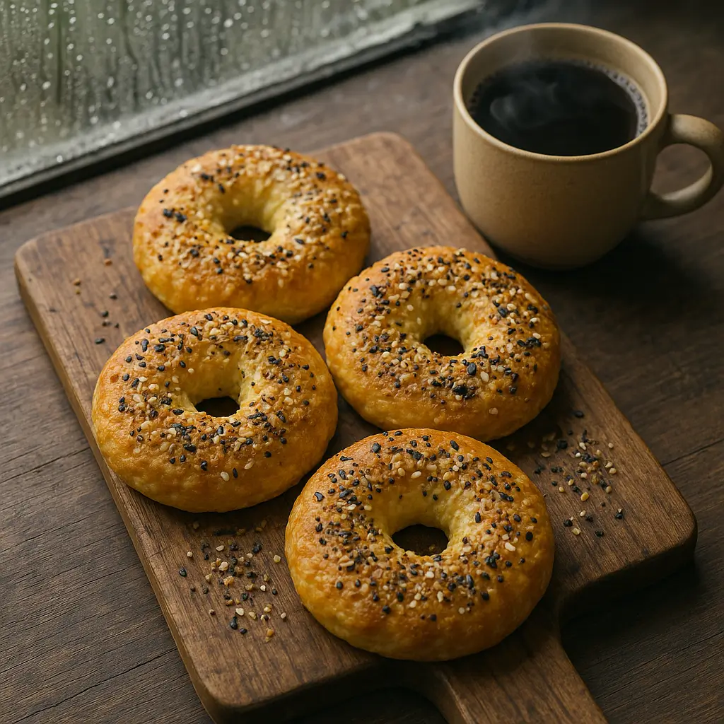 Freshly baked cottage cheese bagels with everything seasoning