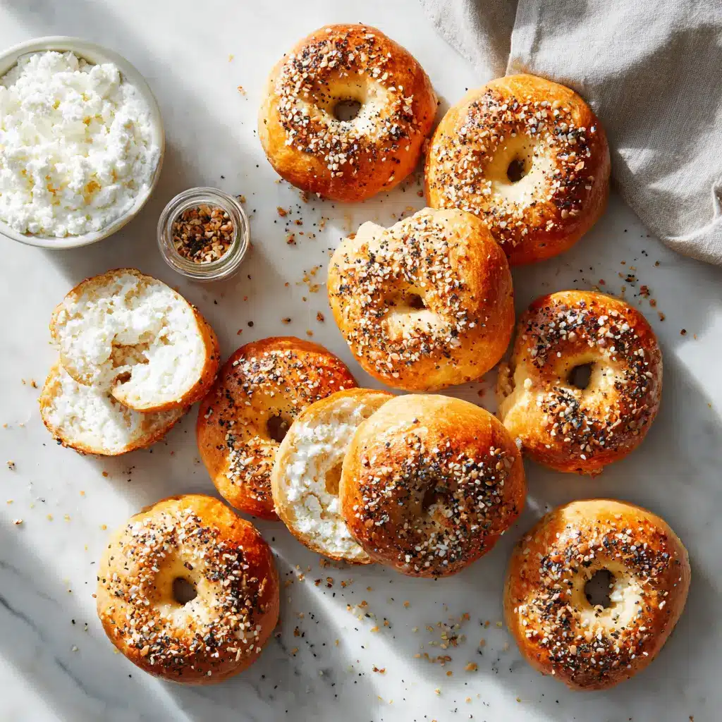 Golden cottage cheese bagels with everything seasoning on marble countertop