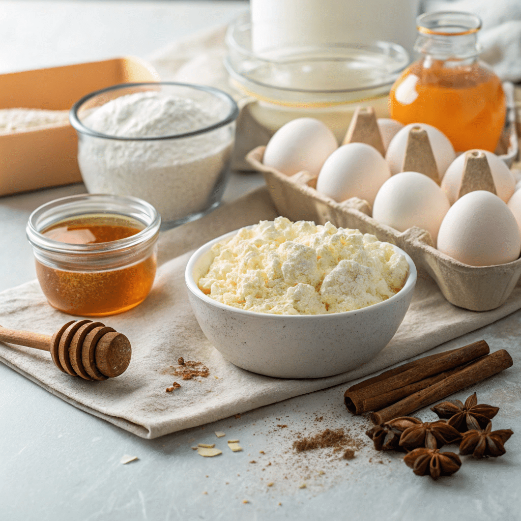 fresh ingredients for cottage cheese bread recipe laid out neatly