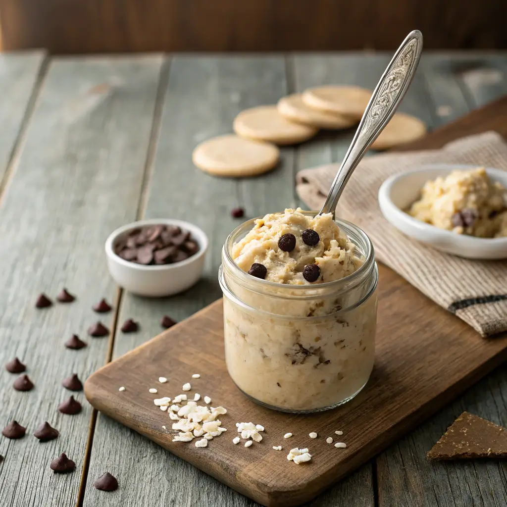 Creamy cottage cheese cookie dough in a jar on wooden table