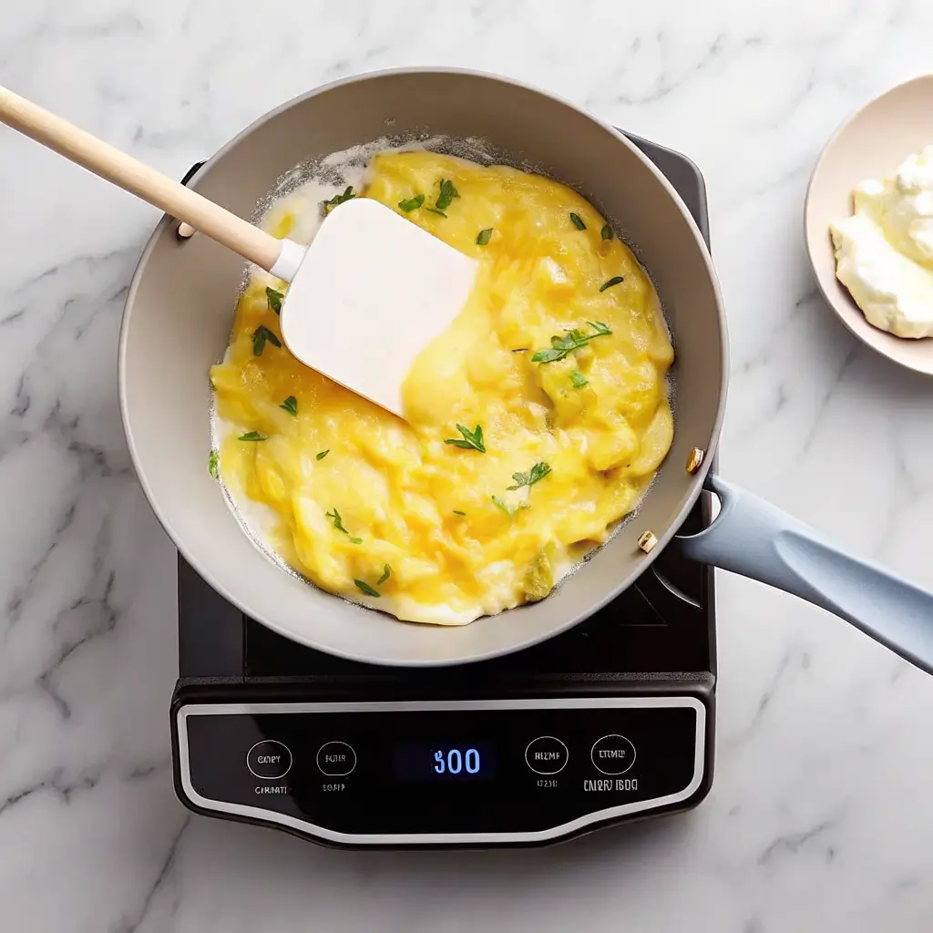 A pan on a stovetop with scrambled eggs and cottage cheese, being stirred with a spatula. Fresh herbs and a side bowl of cottage cheese complete the scene.