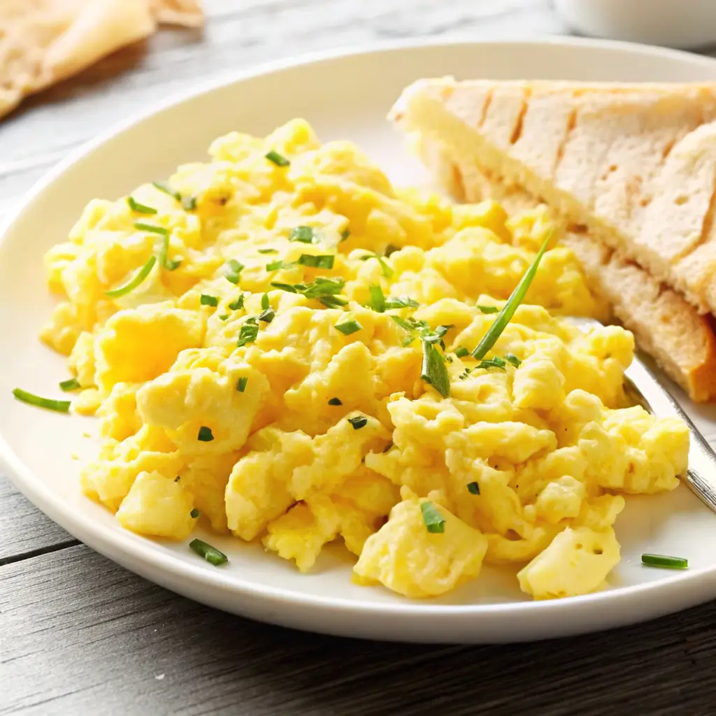 Cottage cheese eggs on breakfast plate with herbs
