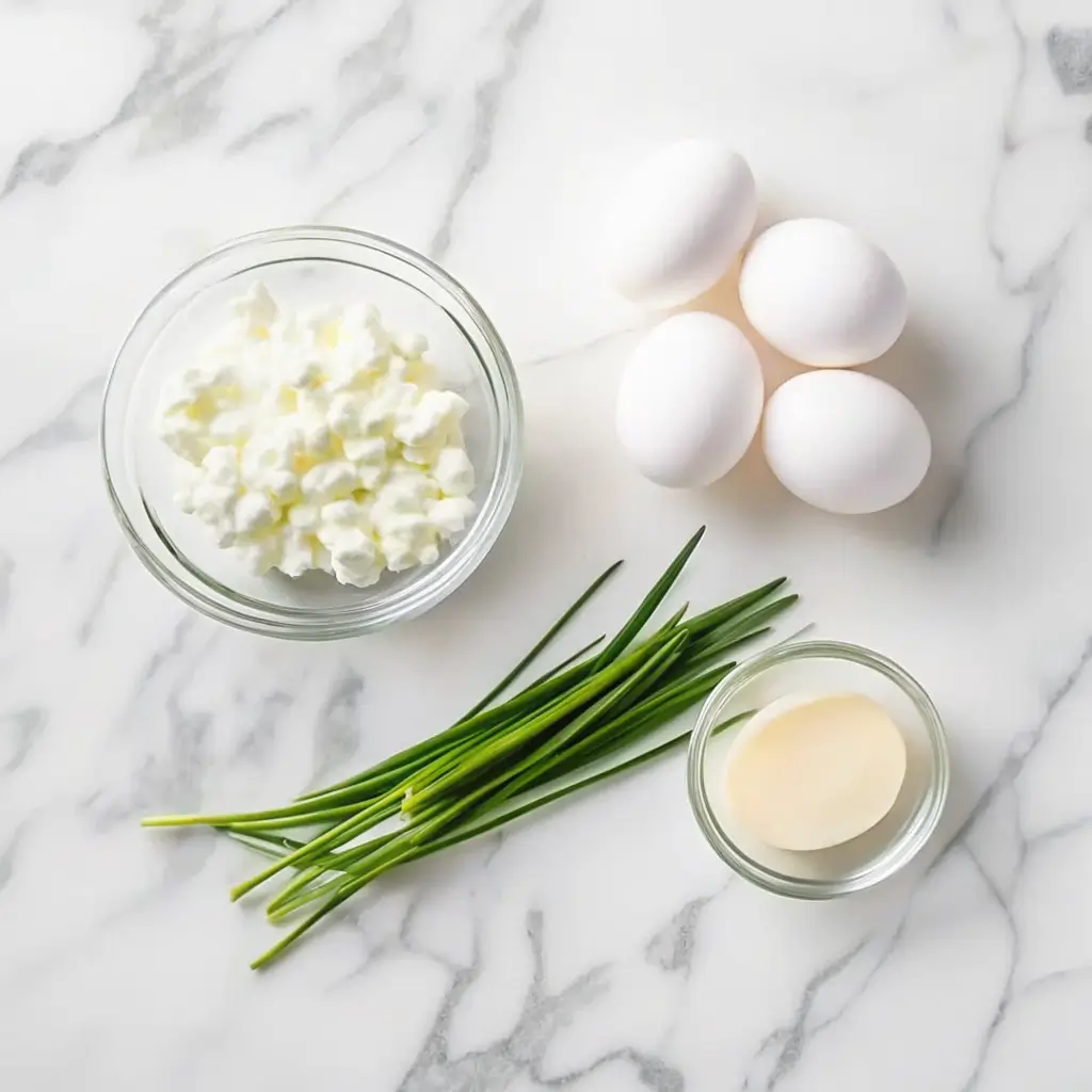 A clean countertop with cottage cheese, eggs, chives, and melted butter arranged neatly.