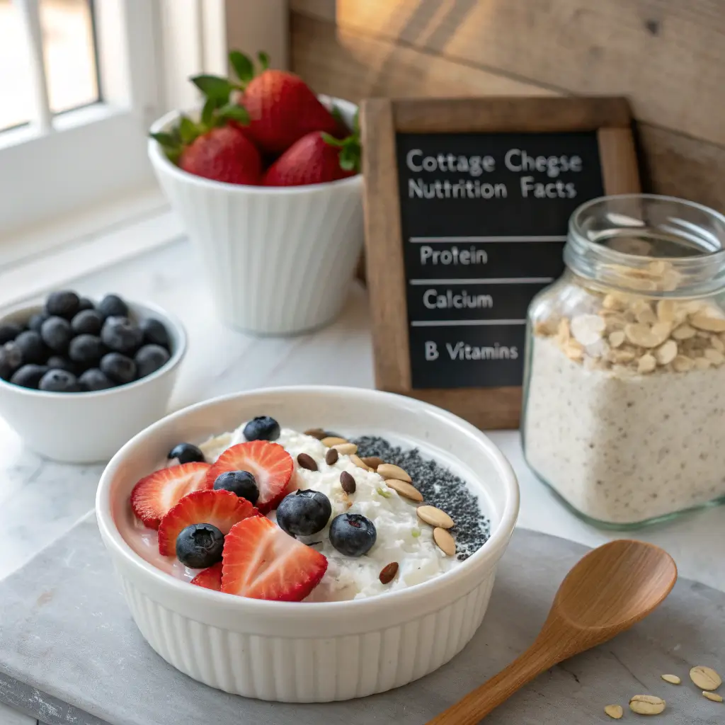 Cottage cheese nutrition bowl with berries, seeds, and nuts