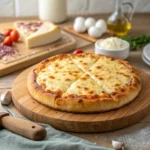 A freshly baked pizza with a golden-brown crust and melted cheese, served on a wooden cutting board. The background includes ingredients like cottage cheese, eggs, olive oil, herbs, and tomatoes, suggesting the preparation of a healthy, low-carb pizza.