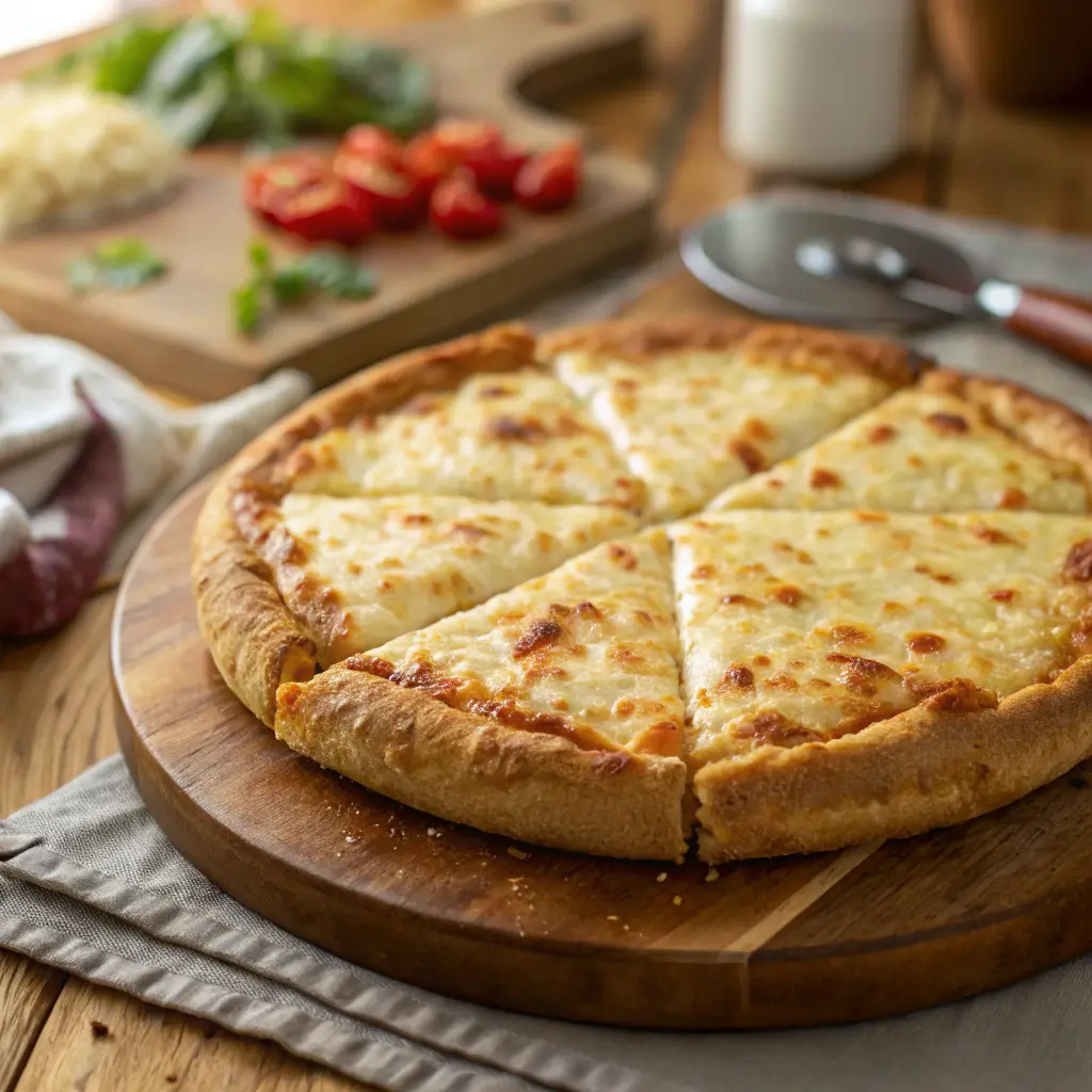 Cottage cheese pizza crust freshly baked on wooden board