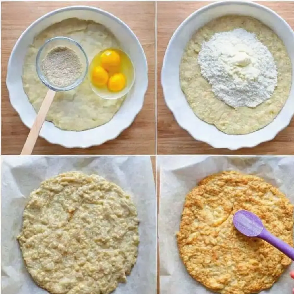 A four-step collage showing the preparation of a cottage cheese pizza crust. Step 1: Mixing eggs and ground ingredients in a bowl. Step 2: Adding flour to the mixture. Step 3: Spreading the dough on parchment paper. Step 4: The finished golden-brown baked crust.