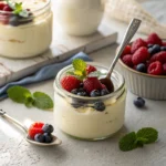 Cottage cheese pudding topped with berries and mint