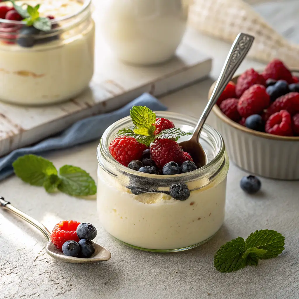 Cottage cheese pudding topped with berries and mint