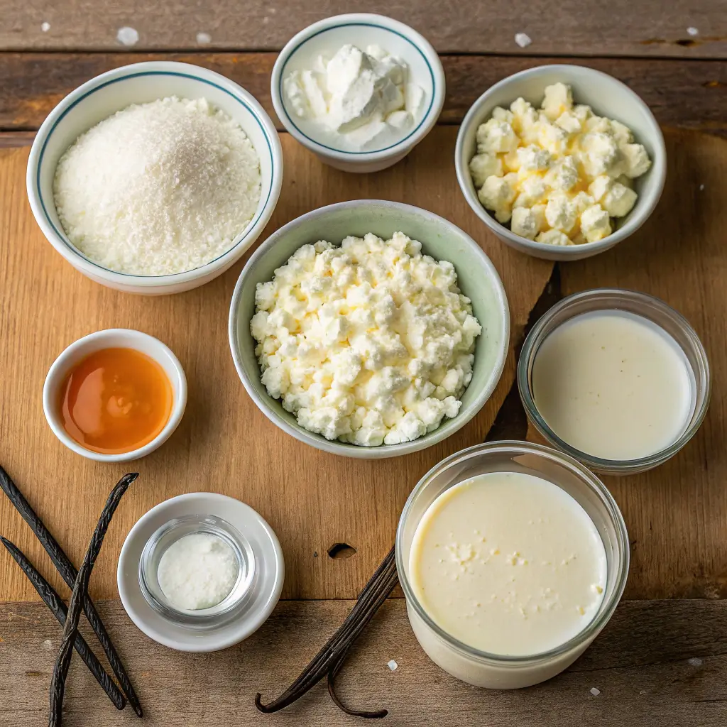 Ingredients for cottage cheese pudding on kitchen table