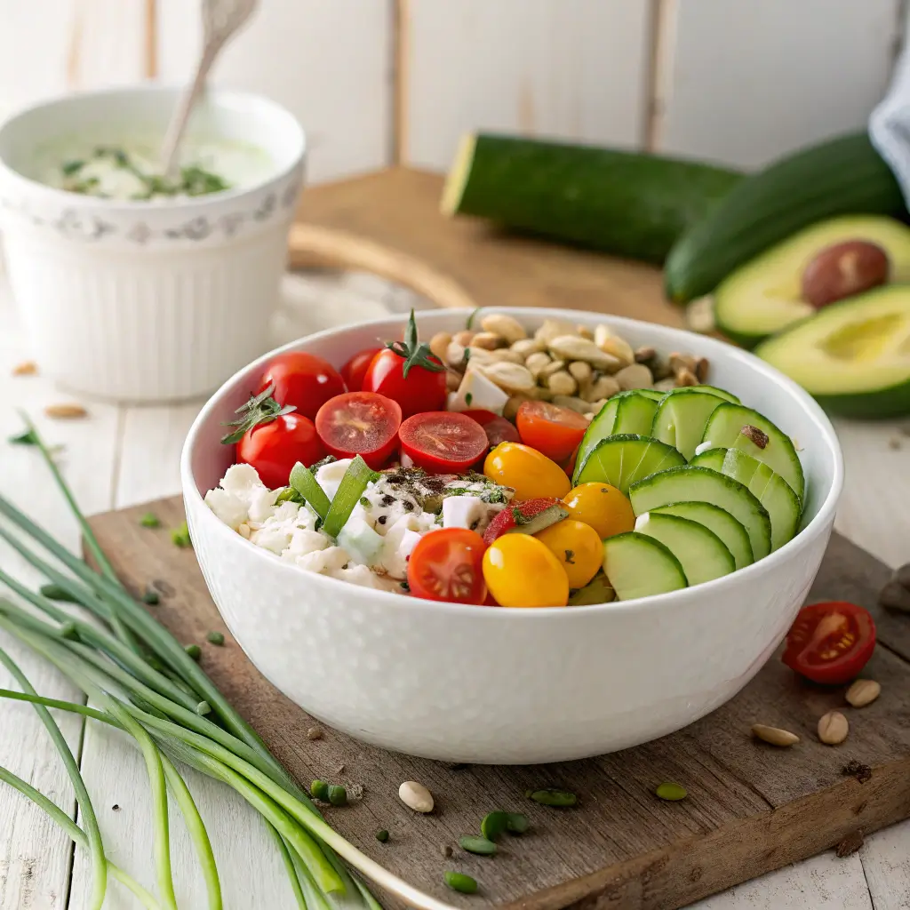Fresh cottage cheese salad with mixed vegetables and herbs