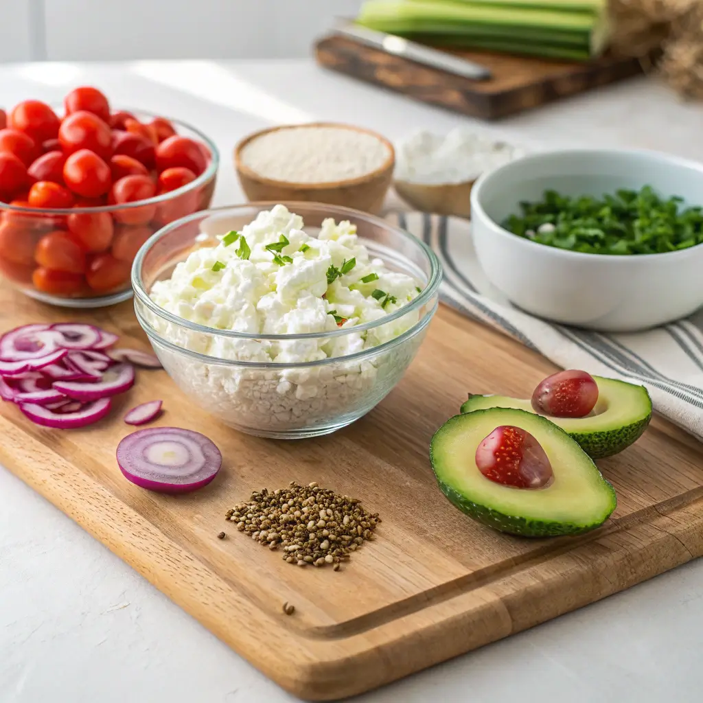 Ingredients for a cottage cheese salad recipe laid out neatly