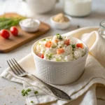 Finished cottage cheese salad dish ready to eat