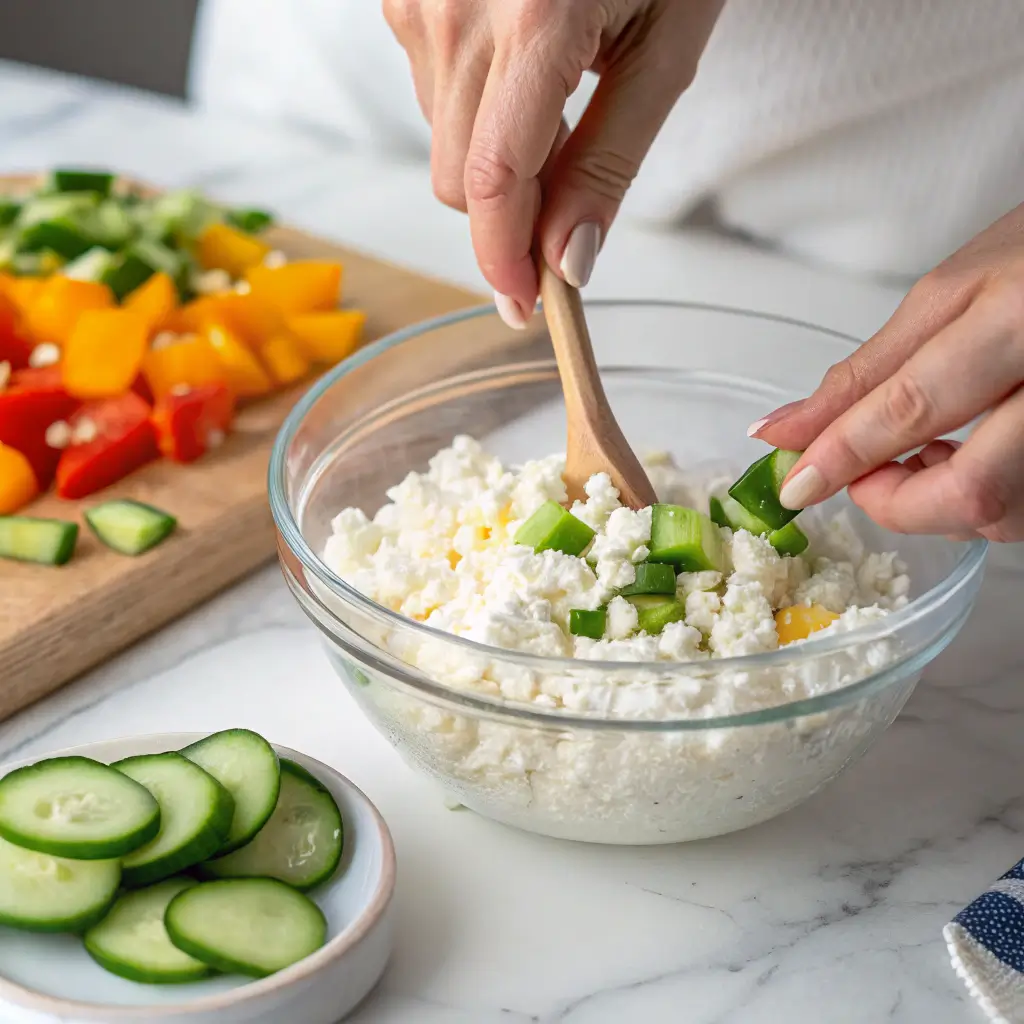 Mixing cottage cheese with fresh vegetables step by step