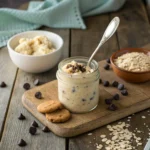 Creamy cottage cheese cookie dough topped with chocolate chips and blueberries, served in a glass jar.