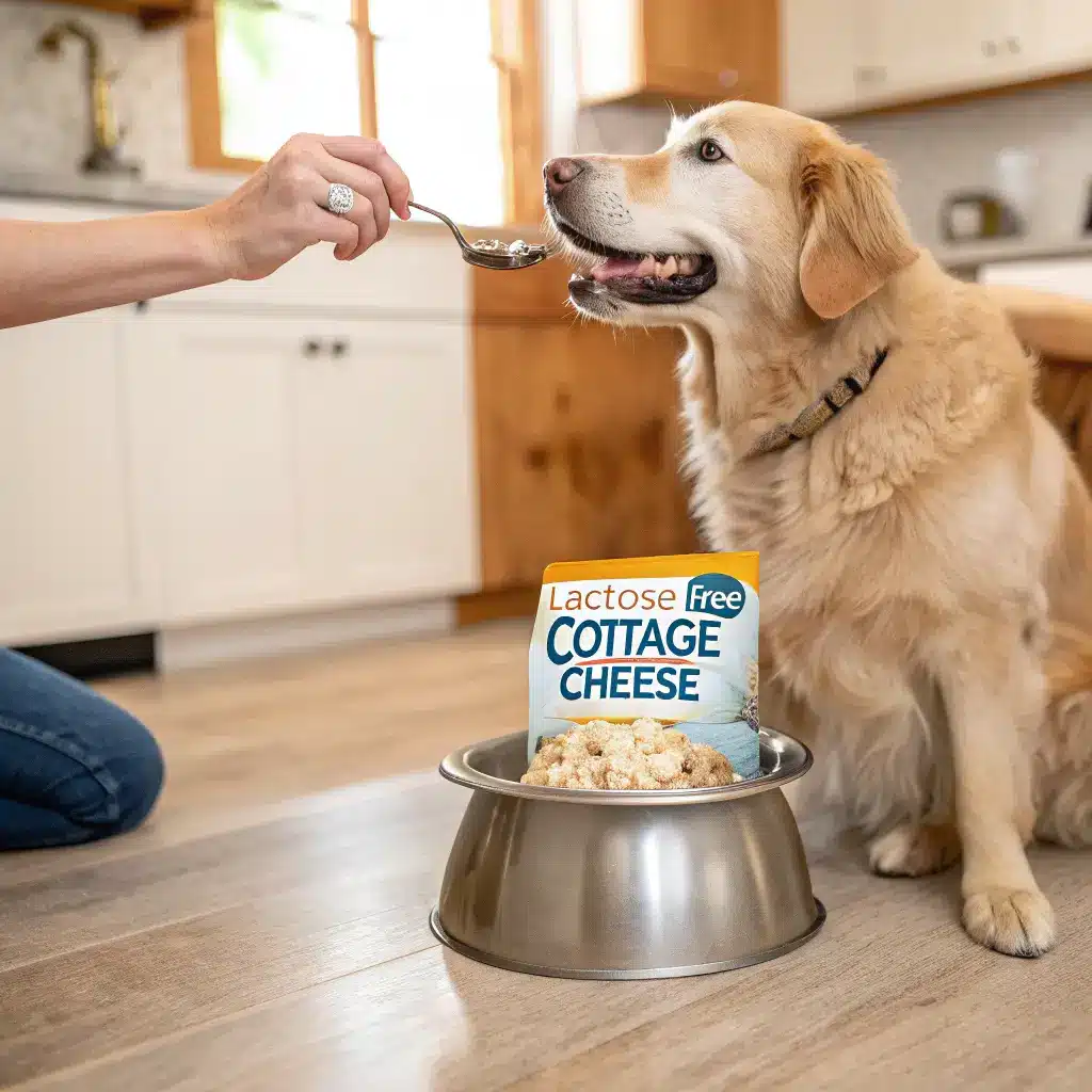 Golden retriever sitting next to a stainless steel bowl while a hand gently scoops lactose free cottage cheese into it — showing how to safely feed lactose free cottage cheese to dogs.