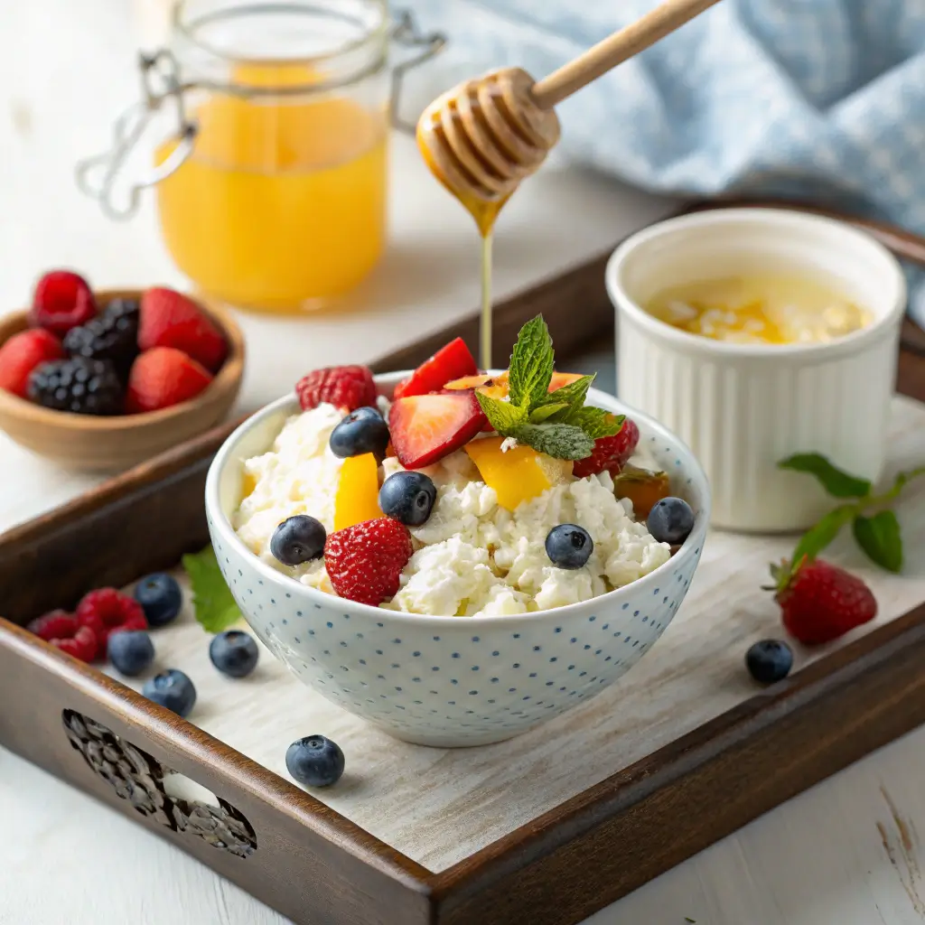 Homemade cottage cheese with fruit and honey