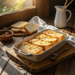 Golden slices of homemade cottage cheese bread in a white baking dish, ready to enjoy.