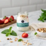 Glass jar of Good Culture lactose free cottage cheese on marble countertop with strawberries, mint leaves, and granola nearby — highlighting a top brand in lactose free dairy.