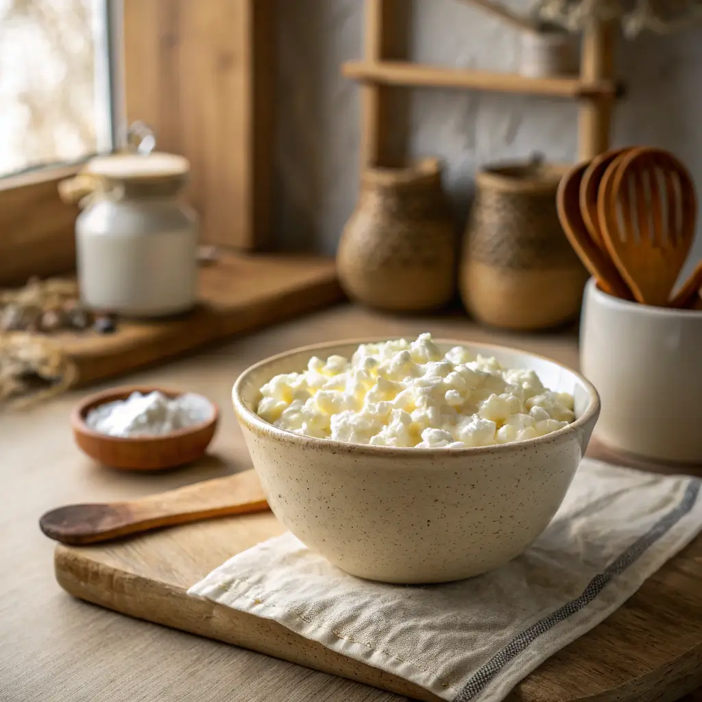Fresh homemade cottage cheese in ceramic bowl