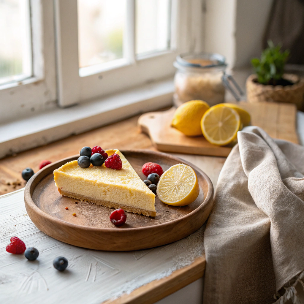 Lemon Cottage Cheese Cake on Wooden Plate with Berries