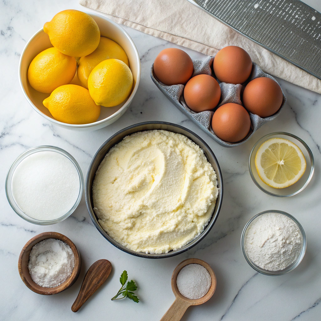 Ingredients for Lemon Cottage Cheese Cake on Marble Counter