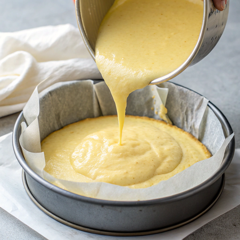 Pouring lemon cottage cheese cake batter into lined pan