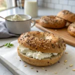A close-up of a freshly made bagel sandwich with cream cheese, topped with a mix of sesame and poppy seeds. The sandwich is placed on a white cutting board, with scattered seeds around it. In the background, there are additional bagels on a wooden tray, a bowl of cream cheese, and a glass of milk.