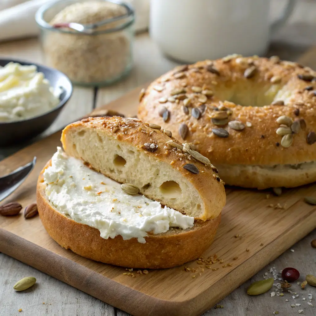 Fresh low carb high protein bagel with almond flour and cottage cheese