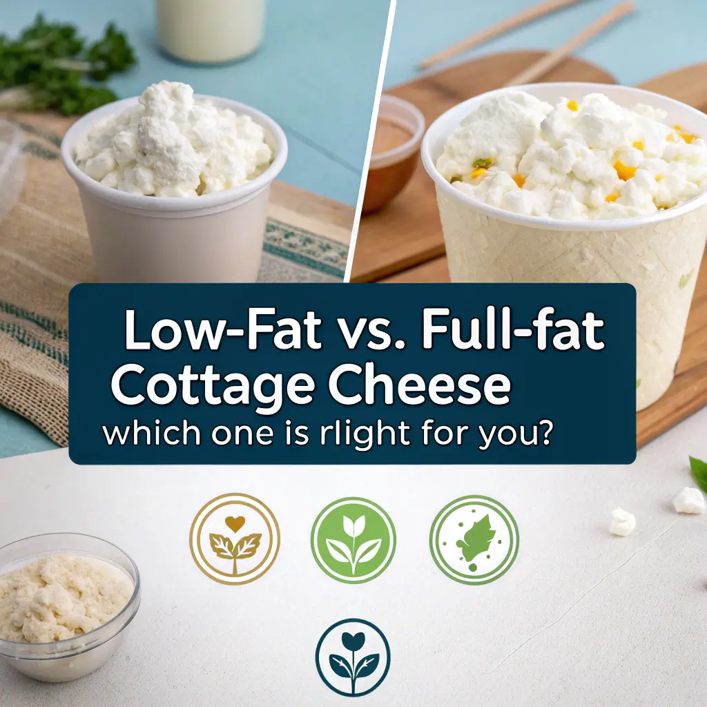 "Comparison of low-fat and full-fat cottage cheese, highlighting their textures and uses. Low-fat cottage cheese is shown plain, while full-fat cottage cheese is garnished with herbs, illustrating the difference in richness and flavor."
