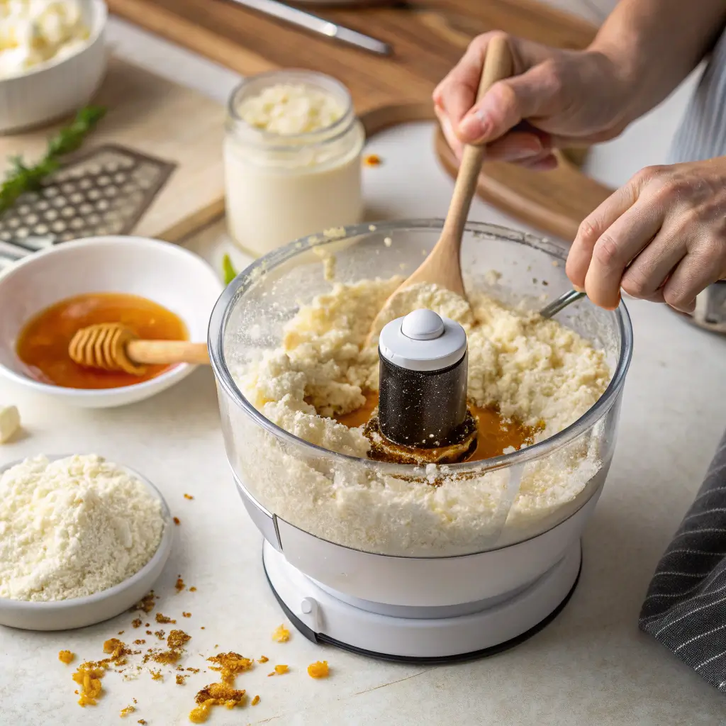 Mixing cottage cheese cookie dough in a food processor