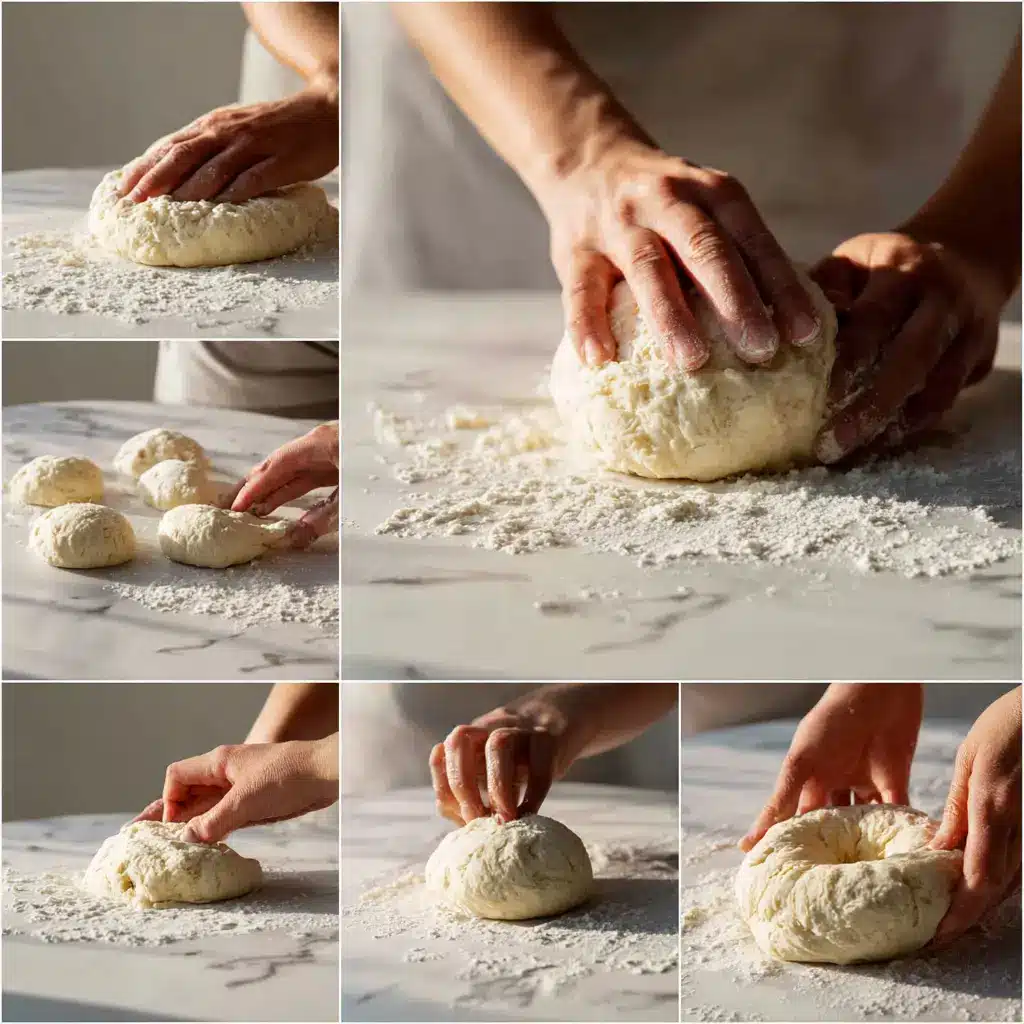 Step-by-step process of shaping cottage cheese bagel dough into rings