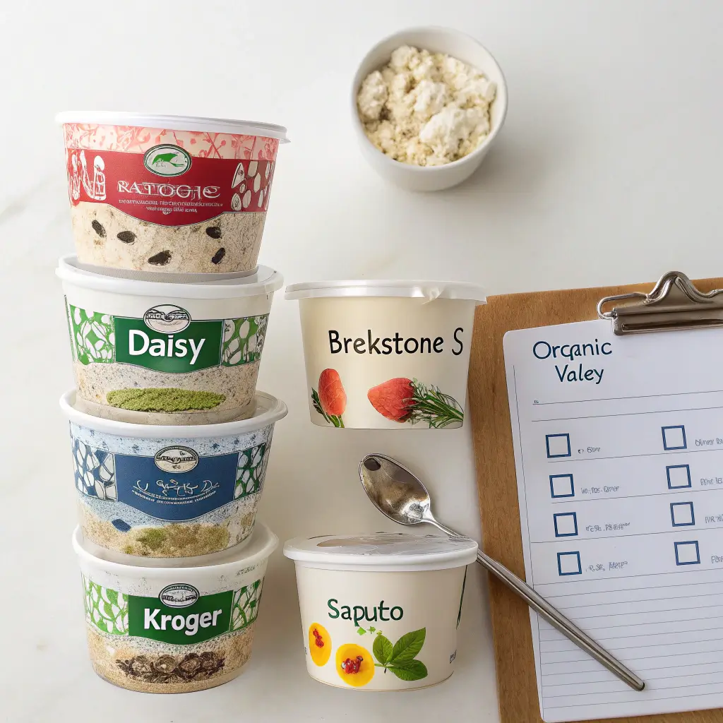 "6 top cottage cheese brands—Daisy, Breakstone's, Kroger, Organic Valley, Saputo, and another brand—are displayed for taste testing and comparison. Wooden spoons and a tablet with nutritional details highlight the evaluation process."