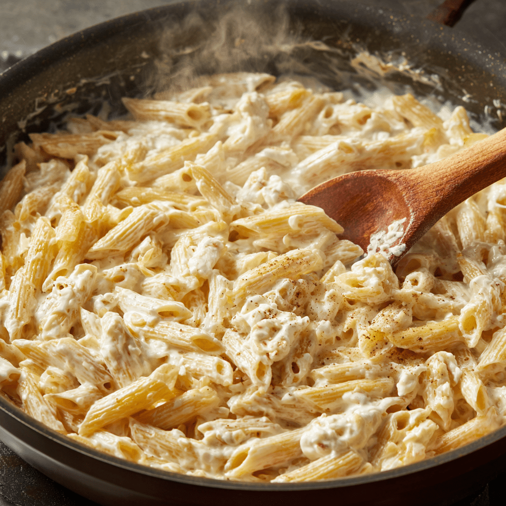 Penne pasta tossed in creamy cottage cheese sauce in a skillet, being stirred with a wooden spoon.