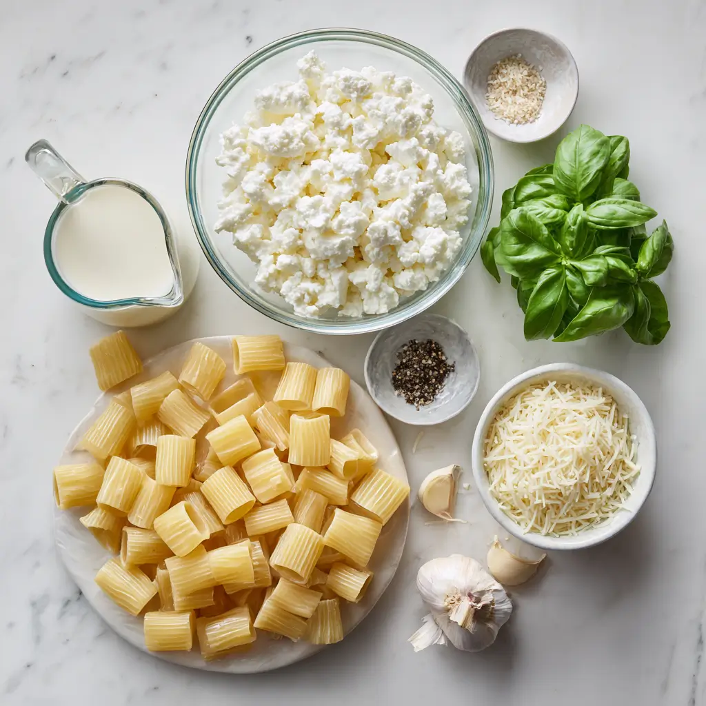 Ingredients for cottage cheese pasta laid out on a marble surface: uncooked rigatoni, cottage cheese, milk, shredded Parmesan, fresh basil, garlic cloves, black pepper, and garlic powder.