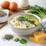Keto cottage cheese bowl with avocado and herbs on a clean kitchen counter