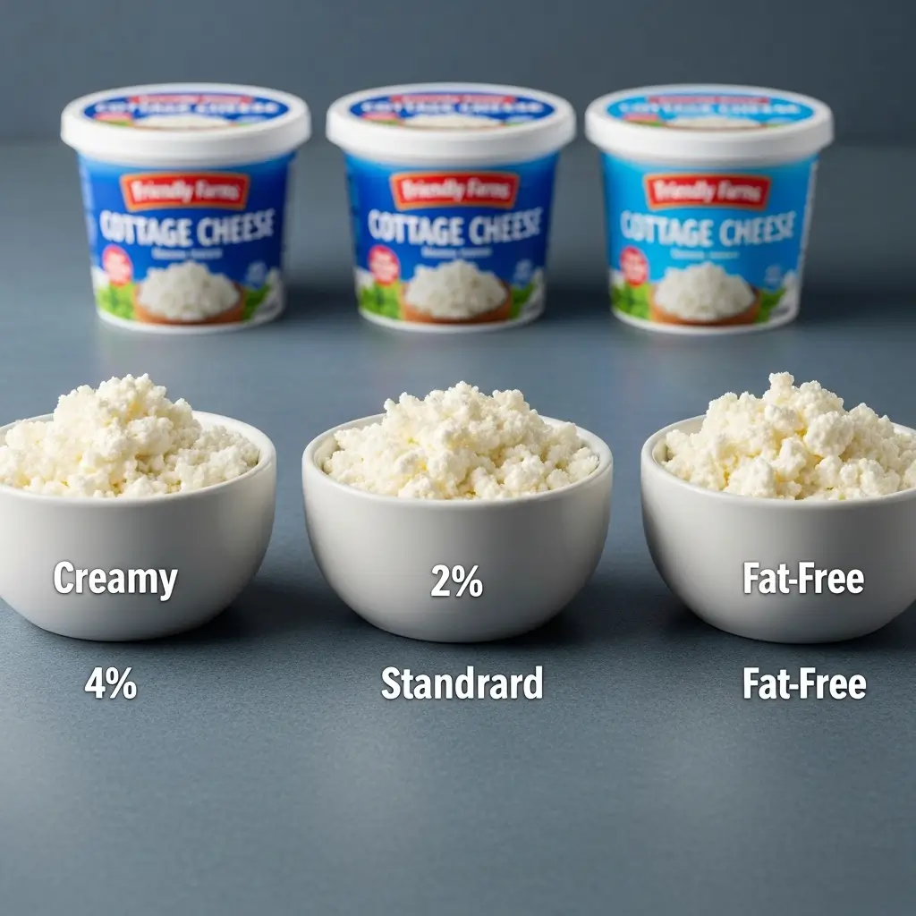 Three bowls showing the different textures of Aldi's cottage cheese: 4% milkfat, 2% low-fat, and fat-free versions.