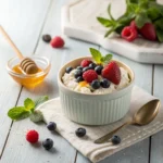 Bowl of Aldi Friendly Farms cottage cheese topped with berries and honey