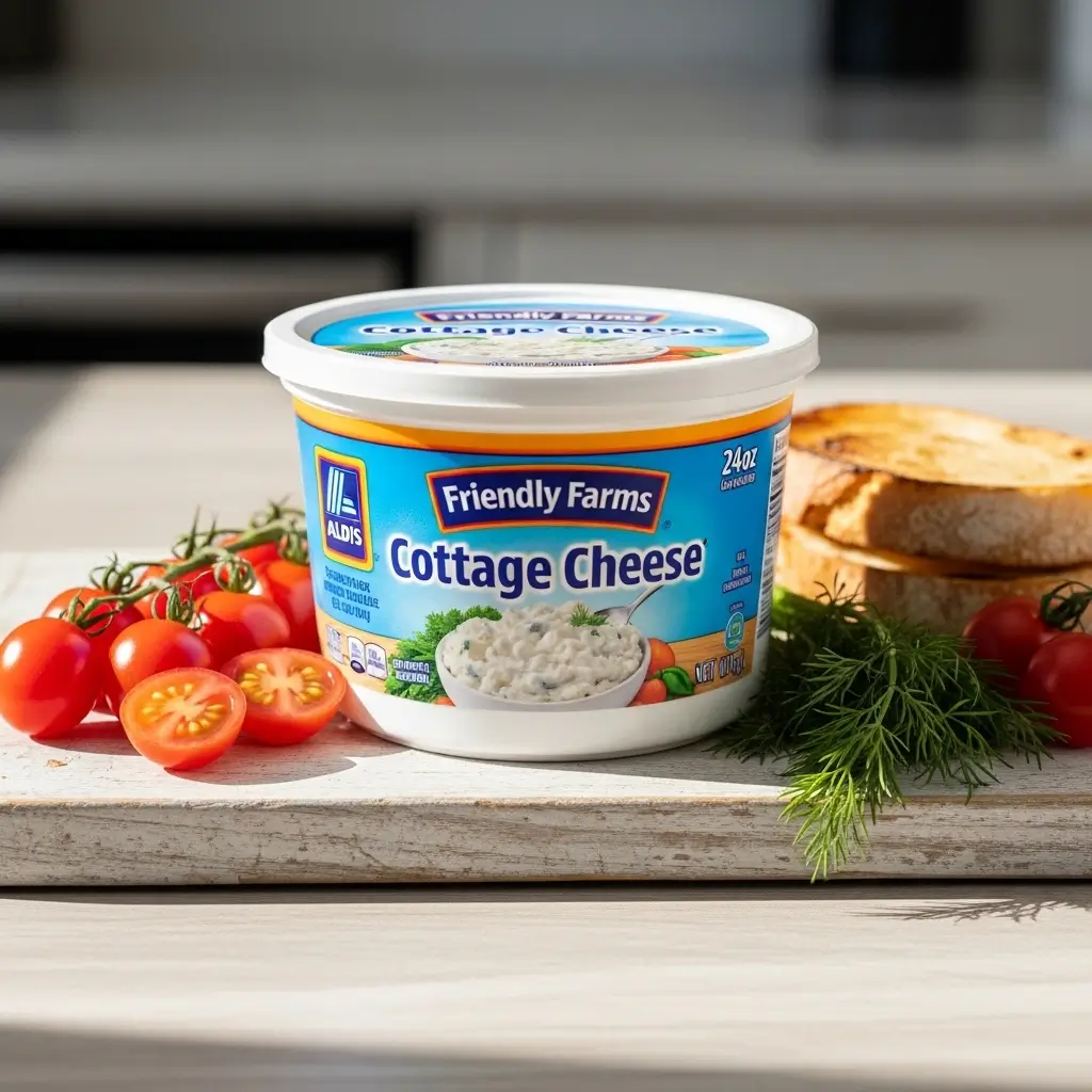 A tub of Aldi's cottage cheese on a wooden table next to toast and tomatoes, for a review of its price and nutrition.
